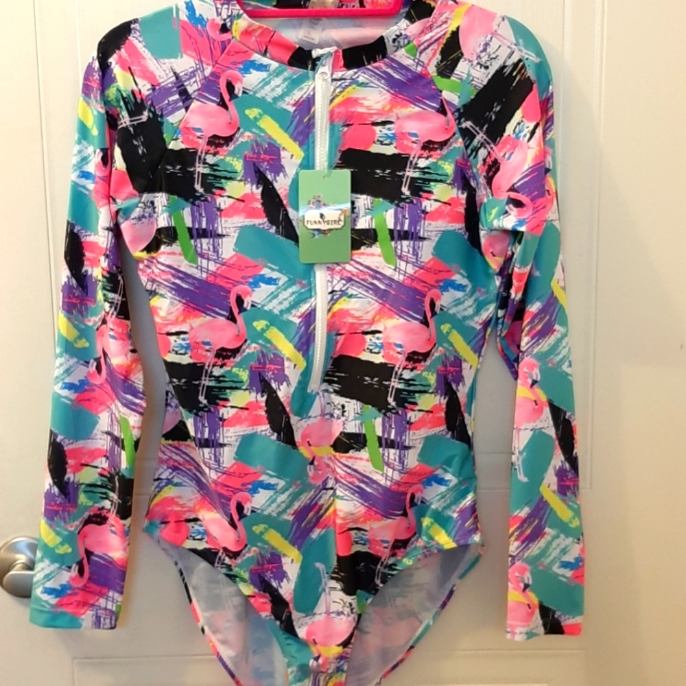 Athletic long-sleeved swimsuit. Flamingo.